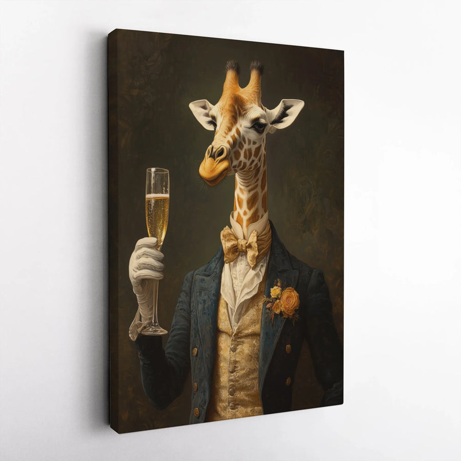 Giraffe In Suit Canvas Wall Art | Dapper Animal Toasting Champagne | Gallery Quality Framed Print | Unique Home Office Decor Gift