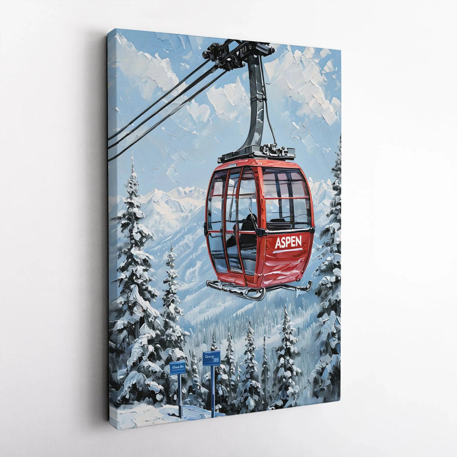 Aspen Ski Gondola Wall Art | Snowy Mountain Landscape Painting | Premium 1.25 Inch Gallery Canvas | Winter Sports Home Decor Gift