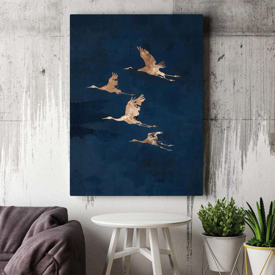 Flying Crane Wall Art | Gold Foil Style Minimalist Birds | Gallery Wrapped Canvas Decor | Luxury Home & Office Interior Accent