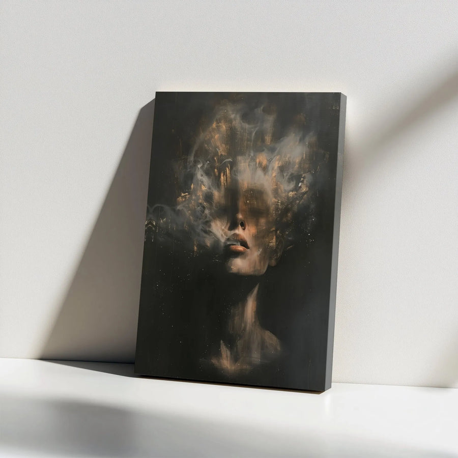 Abstract Woman Portrait Canvas | Dark Moody Smoke Wall Art | Premium 1.25" Gallery Wrap | Modern Home Office Decor