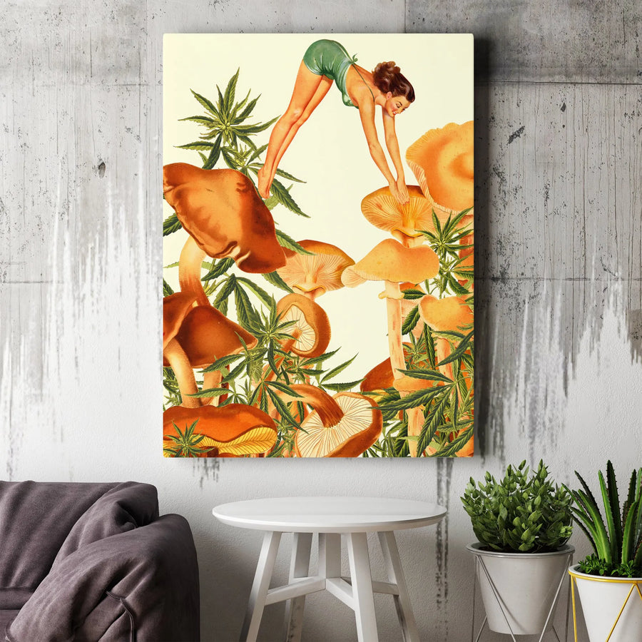 Psychedelic Mushroom Canvas Art | Vintage Pinup Girl & Cannabis Collage | Premium Gallery Wrapped Canvas | Trippy Wall Art & Stoner Gift