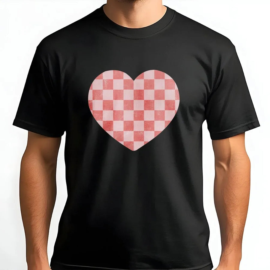 Checkered Heart T-Shirt | Pink Checkerboard Aesthetic Graphic | 100% Cotton Premium Tee | Cute Valentine's Day Gift for Women & Girls