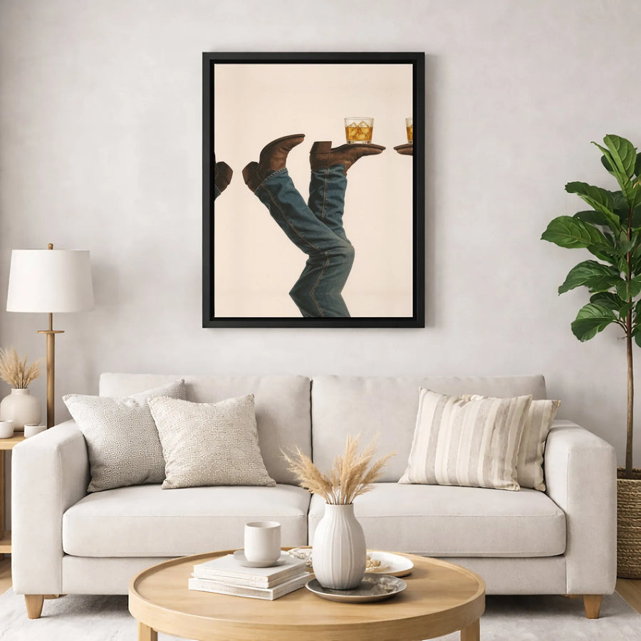 Cowboy Boots Whiskey Glass Canvas Art | Western Bourbon Home Decor | Premium Gallery Wrap Print | Unique Man Cave Bar Wall Hanging