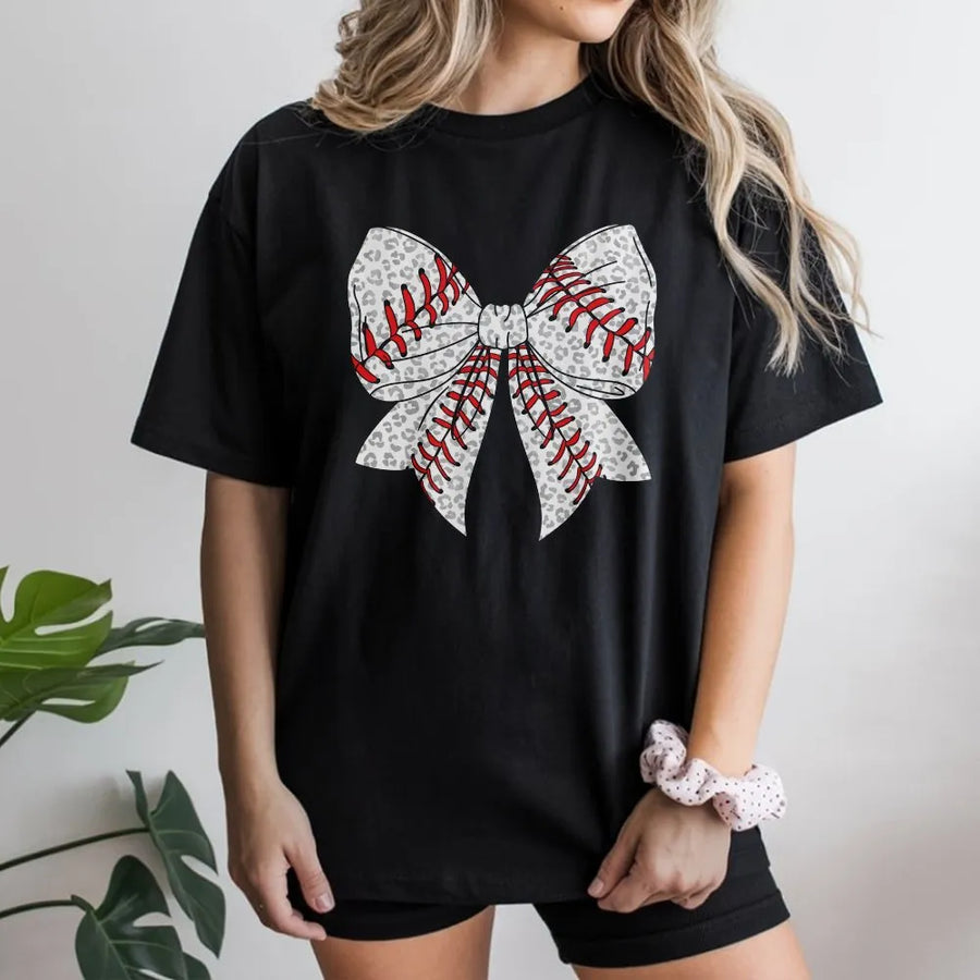 Baseball Bow T-Shirt | Leopard Print Game Day Graphic Tee | Premium Comfort Colors | Gift for Baseball Mom Sports Fan