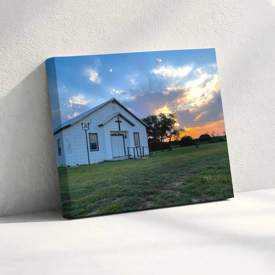 Rural Country Church Canvas | White Chapel Sunset Landscape | Gallery Quality Wall Art | Religious Farmhouse Decor Gift