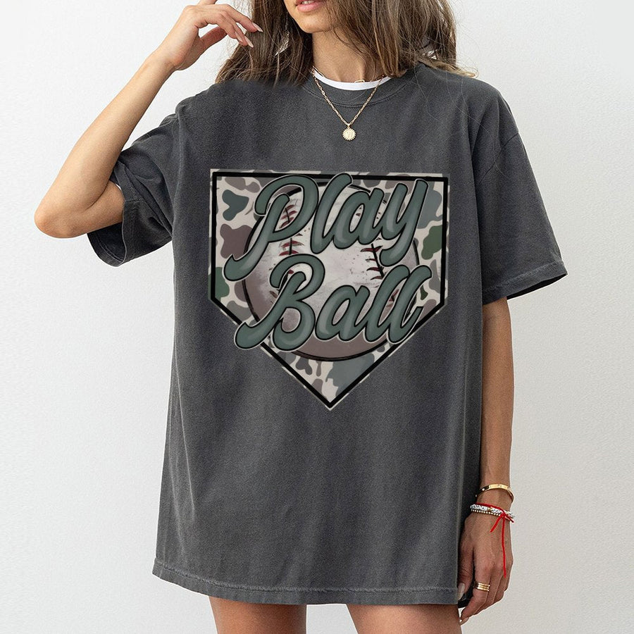 Play Ball Baseball T-Shirt | Camo Home Plate Graphic Design | Premium Cotton Everyday Tee | Gift for Baseball Players and Sports Fans