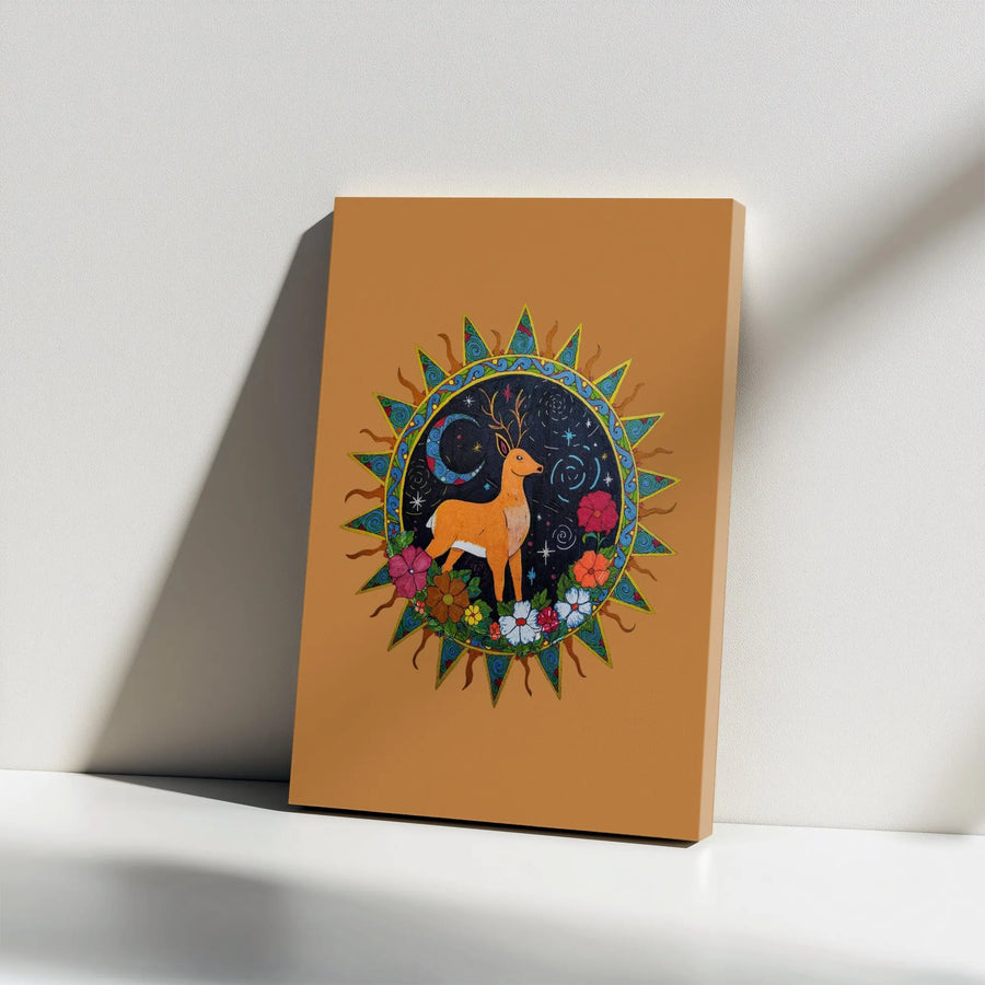Boho Deer Wall Art Canvas | Celestial Sun Moon and Flower Design | Premium Gallery Wrap Print | Whimsical Nature Home Decor Gift