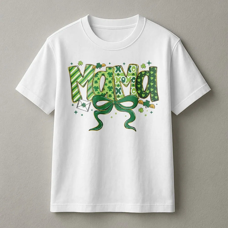 St. Patrick's Day Mama T-Shirt | Lucky Green Shamrock Bow Design | Soft 100% Cotton Premium Tee | Cute Irish Holiday Gift for Mom