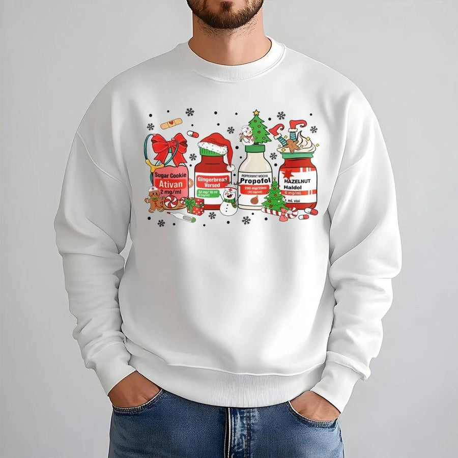Christmas Nurse Sweatshirt | Funny Medical Medication Jar Design | Cozy Cotton-Blend Crewneck | Holiday Gift for Nurses and ICU Staff