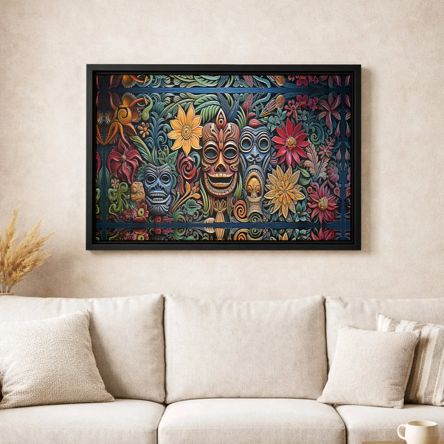 Tiki Mask Wall Art | Tropical Polynesian Wood Carving Style | Premium 1.25-Inch Canvas Print | Exotic Island Decor Gift