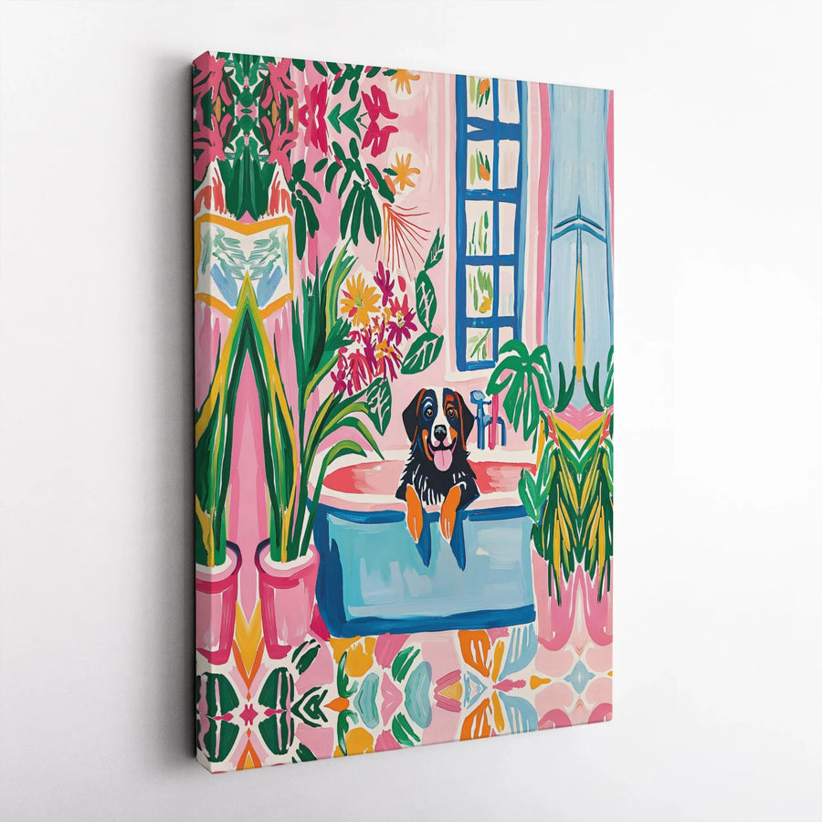 Bernese Mountain Dog Canvas Art | Colorful Floral Bathroom Portrait | Gallery Quality 1.25" Wrapped Print | Dog Lover Home Decor Gift