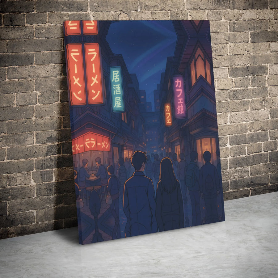 Japanese City Night Canvas Print | Aesthetic Anime Couple Street View | Gallery-Wrap Premium Canvas Wall Art | Urban Decor Gift For Anime Fans