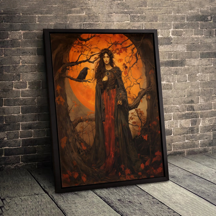 Gothic Witch Canvas Wall Art | Raven and Orange Harvest Moon Design | Premium Gallery-Wrapped Print | Dark Academia Witchy Home Decor Gift
