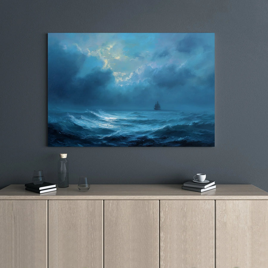 Stormy Sea Oil Painting Canvas | Dramatic Marine Ship Seascape | Premium Gallery Wrap Wall Art | Nautical Decor for Living Room Office