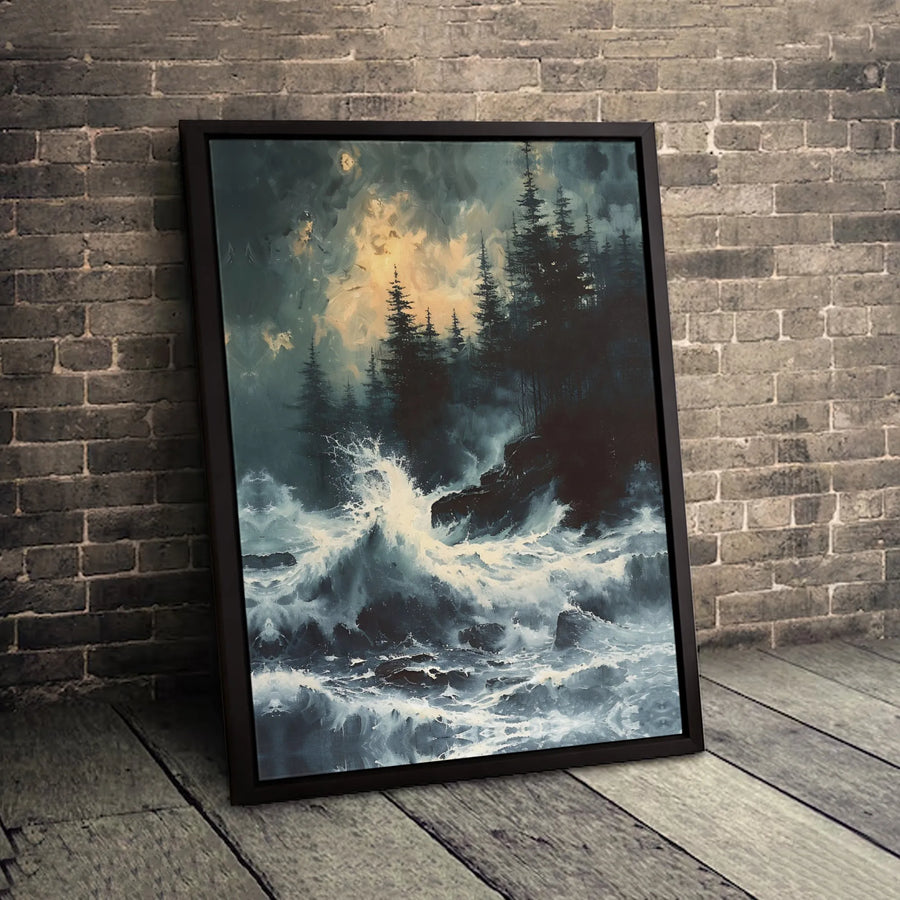 Stormy Ocean Wall Art | Crashing Waves And Pine Forest Canvas Print | Premium Gallery Wrap 1.25" Profile | Moody Coastal Decor For Home Or Office