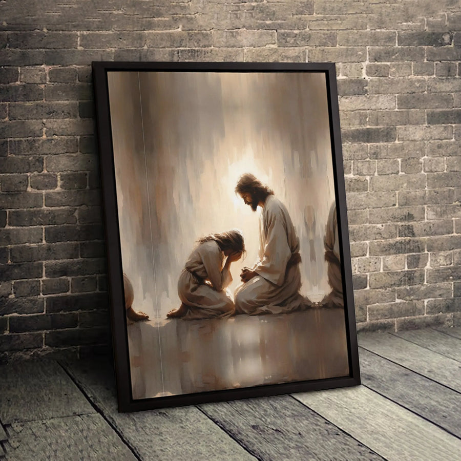 Jesus and Kneeling Woman Canvas Art | Religious Forgiveness Wall Decor | Gallery Quality Premium Print | Faithful Christian Home Gift