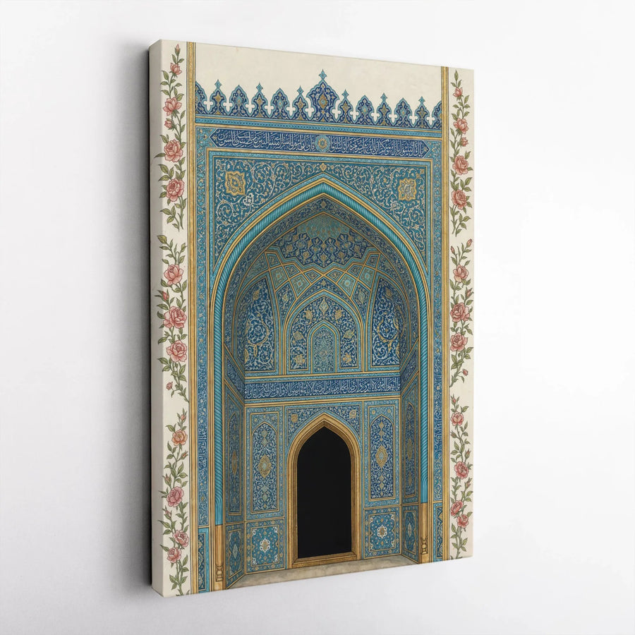 Islamic Mihrab Wall Art Vertical Canvas | Blue Arabesque Mosque Architecture & Rose Floral Borders | 1.25 Inch Gallery Wrap Print | Elegant Eid & Ramadan Gift, Muslim Home Decor