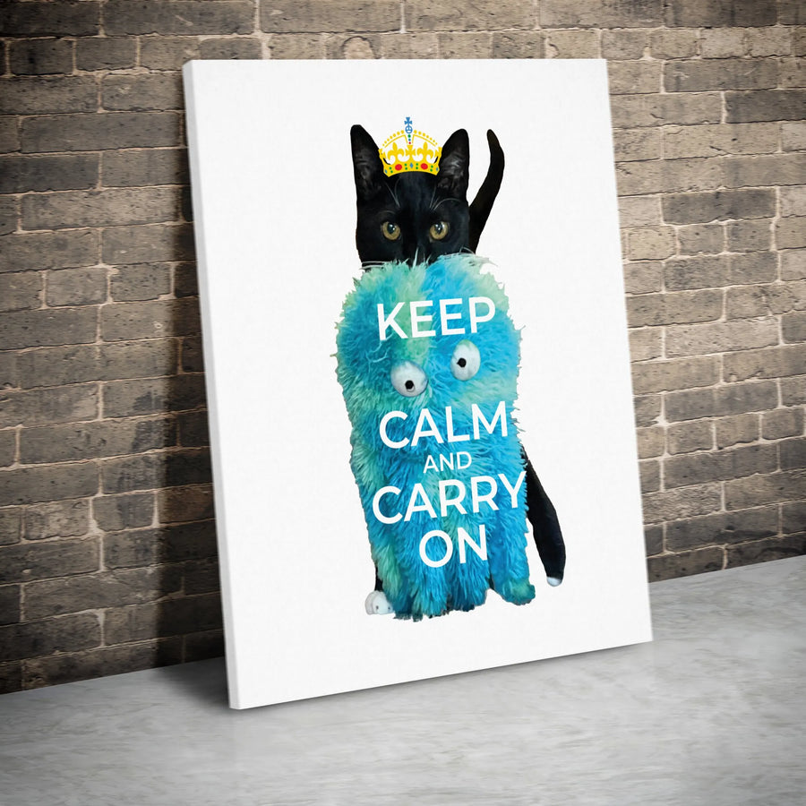 Funny Cat Keep Calm Canvas Wall Art | Black Cat with Crown & Monster Design | Premium Gallery Wrap Canvas | Humorous Home Decor Gift for Cat Lovers