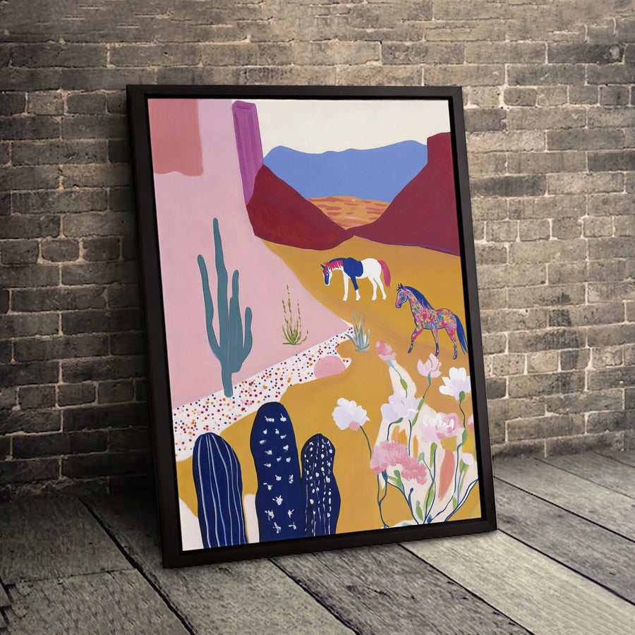 Abstract Horse Desert Canvas Art | Southwestern Cactus & Floral Wall Decor | Premium 1.25" Gallery Wrap | Western Living Room Gift