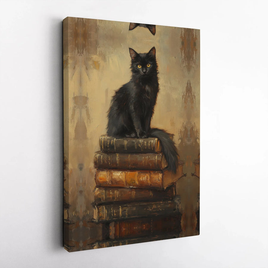 Black Cat on Books Canvas Wall Art | Vintage Oil Painting Style | Premium Gallery Wrap Print | Whimsical Library Home Decor Gift