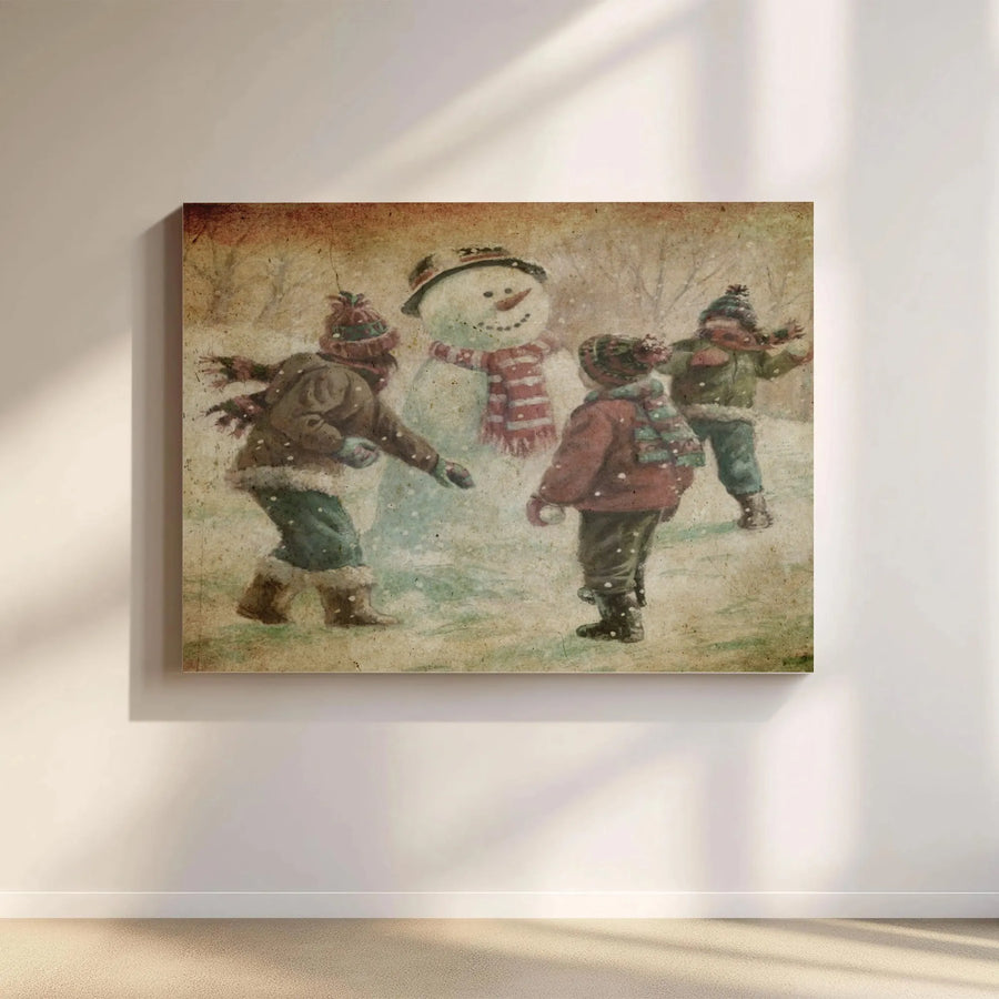 Vintage Winter Scene Canvas Art | Children Playing with Snowman Wall Decor | Premium Fade-Resistant Print | Holiday Home Gift