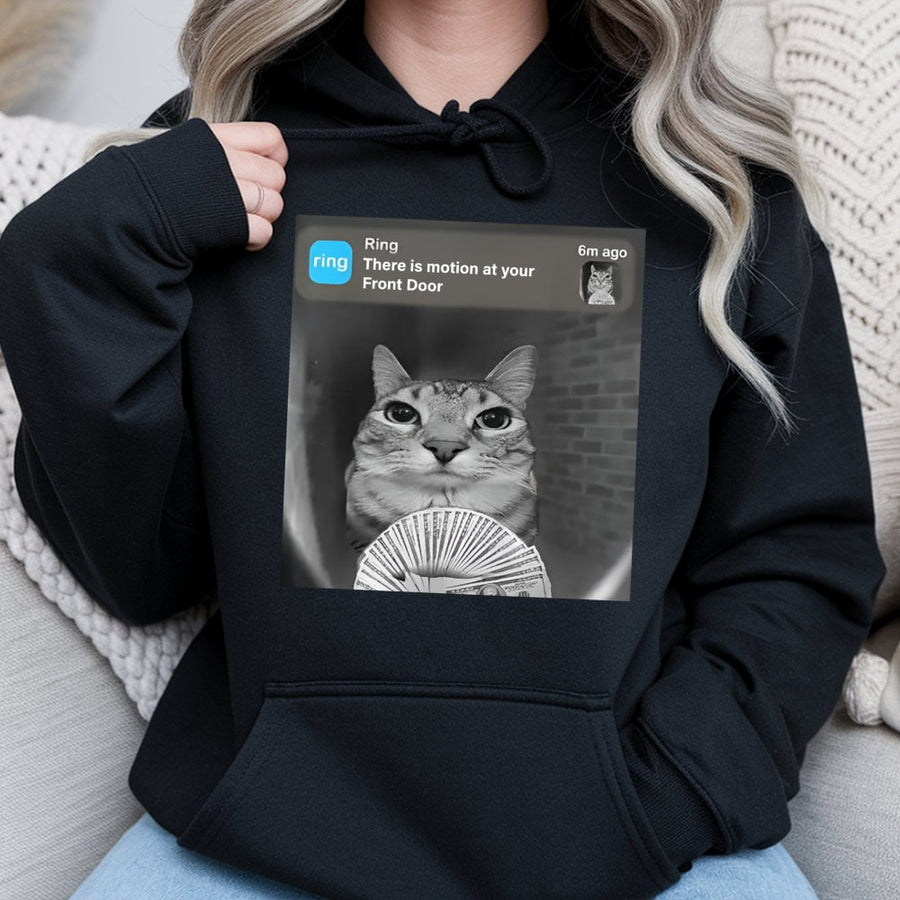 Funny Cat Meme Hoodie | Motion Detected Security Alert Graphic | Soft Cotton-Poly Blend Sweatshirt | Unique Gift for Pet Owners & Internet Humor Fans