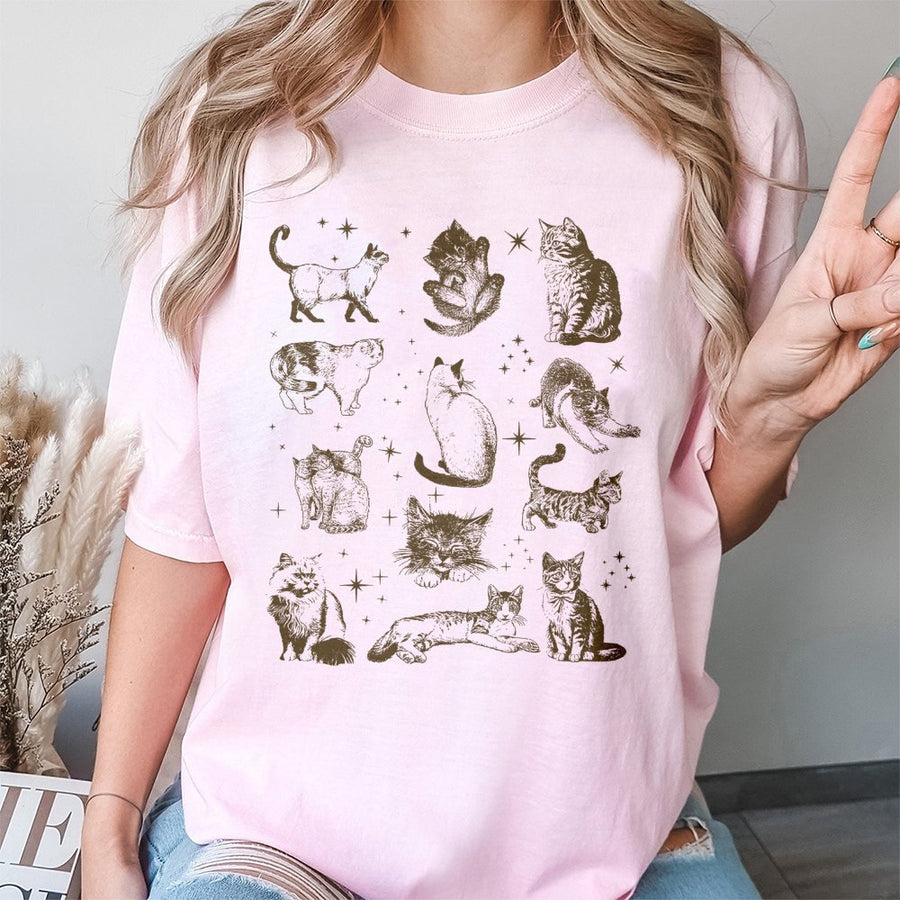 Vintage Cat T-Shirt | Retro Bohemian Kitten Sketch Graphic | 100% Soft Cotton Premium Tee | Unique Gift for Cat Mom and Animal Lover