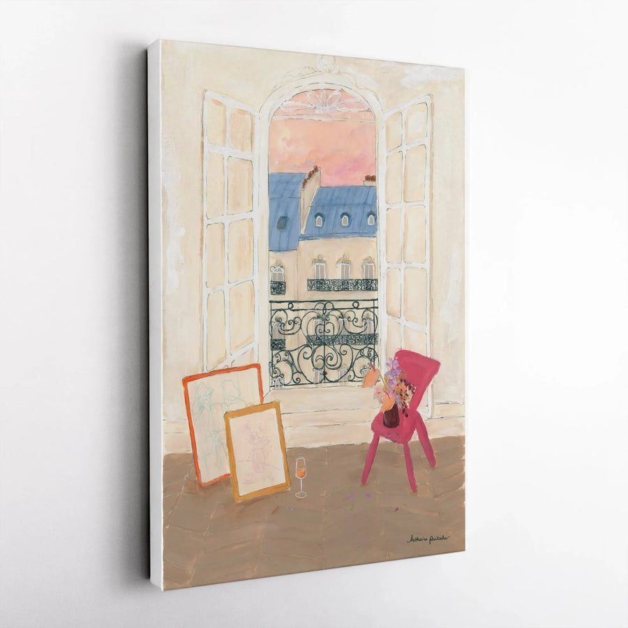 Parisian Window Vertical Canvas | Impressionist Paris Apartment Scene with Balcony View | Premium Gallery Wrapped Art | Romantic Home Decor Gift