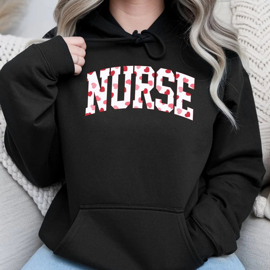 Nurse Valentine Hoodie | Heart Print Collegiate Font Design | Premium Cotton Blend | Nursing Student Gift for RN LPN