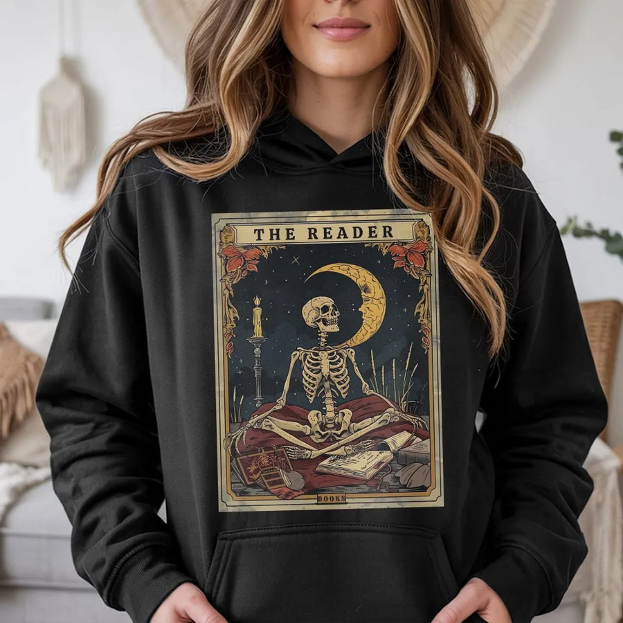 The Reader Tarot Card Shirt | Vintage Skeleton Reading Book Graphic | Premium Comfort Colors Tee | Gift for Book Lovers and Librarians