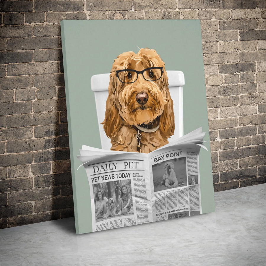 Funny Dog Reading Newspaper On Toilet Canvas | Whimsical Goldendoodle Bathroom Wall Art | Premium Gallery Wrapped Decor | Unique Gift For Dog Lovers