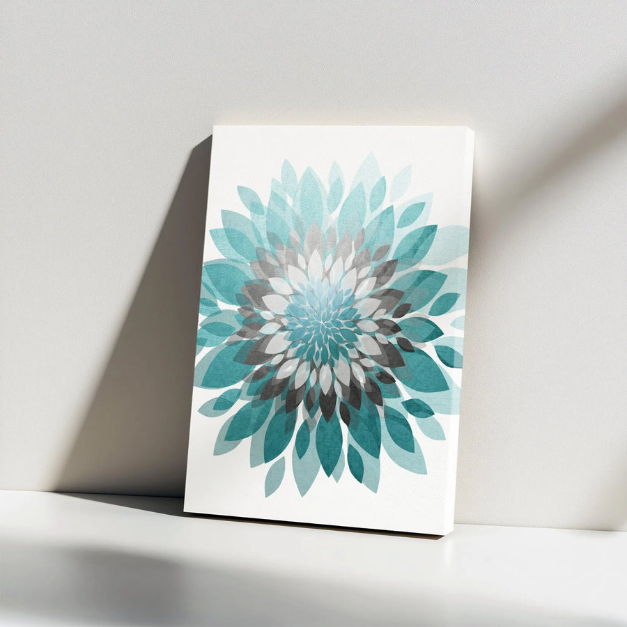 Abstract Floral Canvas Art | Teal and Gray Geometric Dahlia Print | Premium Gallery Wrapped Canvas | Modern Home Decor Gift