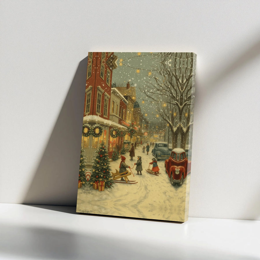 Vintage Christmas Town Canvas | Snowy Winter Village Street Scene | Gallery Wrap Premium Wall Art | Festive Holiday Decor Gift
