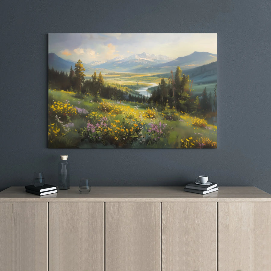 Mountain Valley Landscape Canvas | Wildflower Meadow Art Print | 1.25 Inch Gallery Wrap | Nature Wall Decor for Living Room