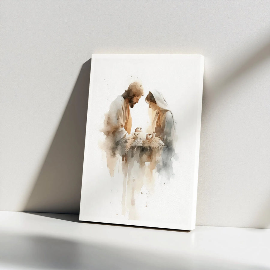 Watercolor Nativity Scene Canvas | Holy Family Religious Wall Art | Premium Gallery Wrap | Christian Christmas Home Decor Gift