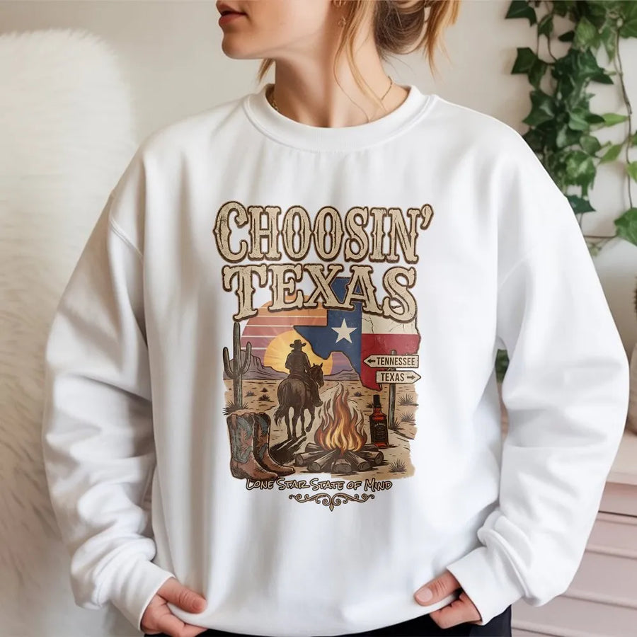 Choosin' Texas Sweatshirt | Retro Western Cowboy Graphic | Premium Cotton-Blend | Gift for Country Music Fan & Texas Lover