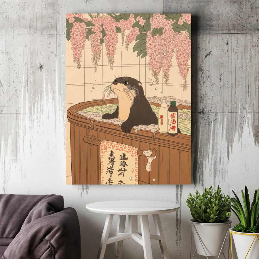 Otter Canvas Wall Art | Japanese Ukiyo-E Bathhouse With Wisteria | Premium Gallery-Wrap Print | Whimsical Nature Home Decor Gift For Animal Lovers