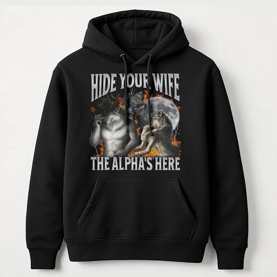 Alpha Wolf Meme Hoodie | Hide Your Wife Bootleg Graphic Tee | Soft Cotton Unisex Fit | Funny Gag Gift for Men