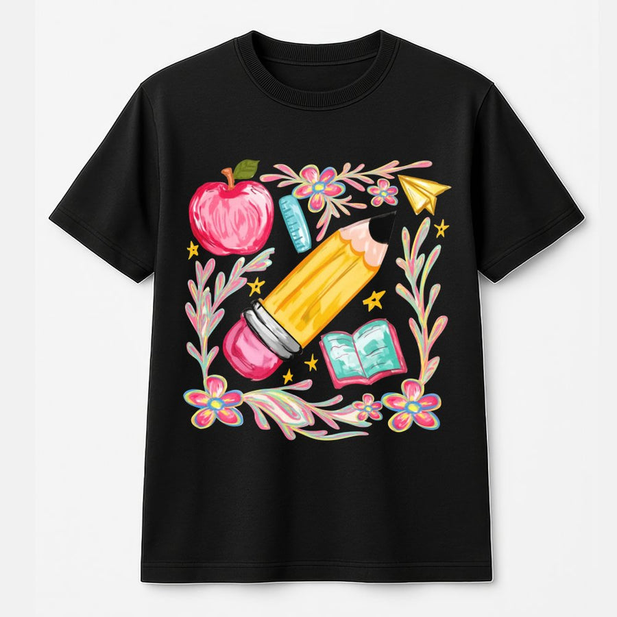 Floral Teacher Pencil T-Shirt | Coquette School Supplies Graphic | 100% Cotton Premium Tee | Back To School Gift For Educators