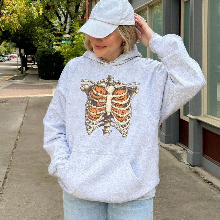 Skeleton Pumpkin Ribcage Hoodie | Retro Spooky Graphic | Premium Cotton Blend | Halloween Fall Gift for Women and Men