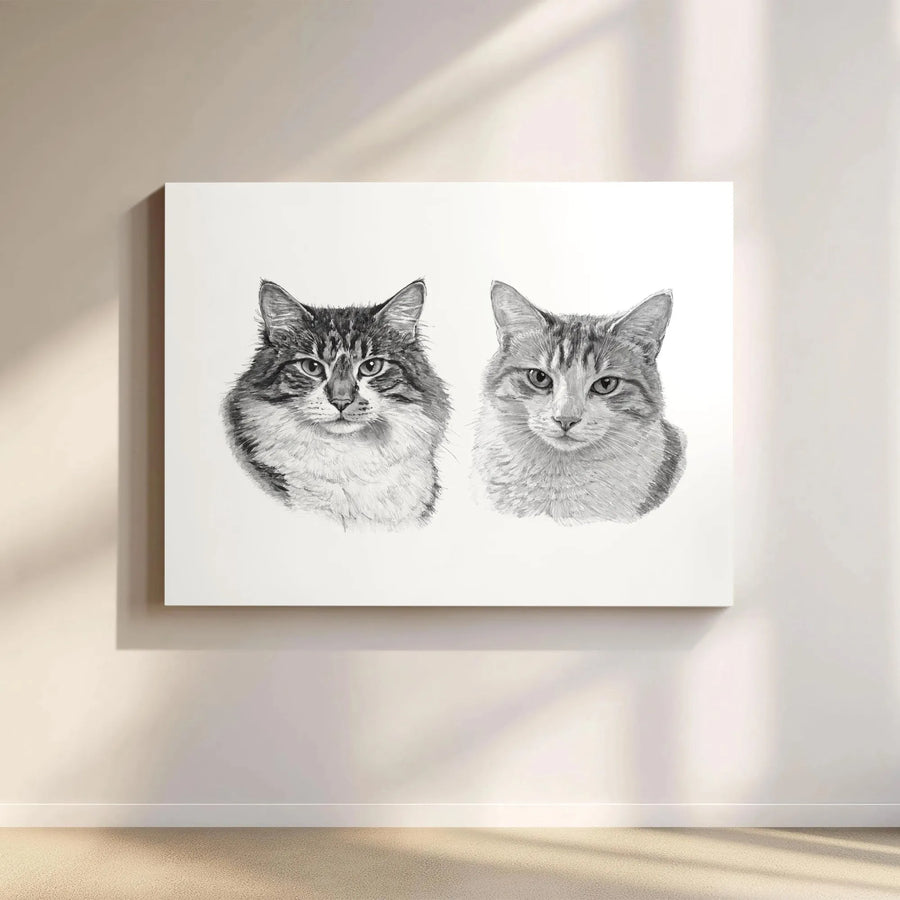 Cat Portrait Canvas Print | Realistic Pencil Sketch of Two Cats | Premium Gallery Wrapped Art | Modern Farmhouse Decor Gift for Cat Lover