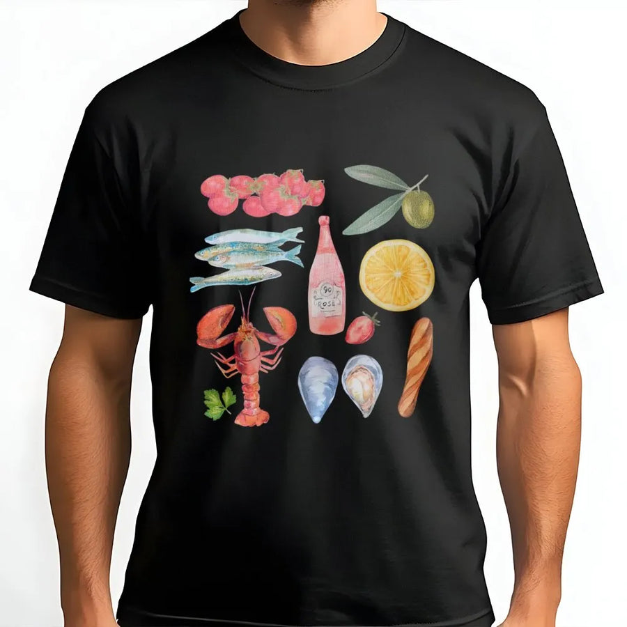 Mediterranean Food Graphic Tee | Watercolor Seafood & Wine Print | Premium Soft Cotton | Coastal Summer Unisex Foodie Gift