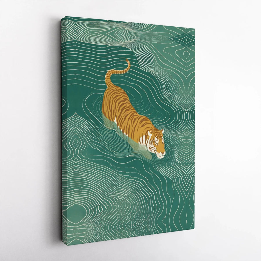Tiger Swimming Canvas Wall Art | Geometric Rippled Water Print | Premium Gallery Wrap Decor | Modern Wildlife Home Decor Gift