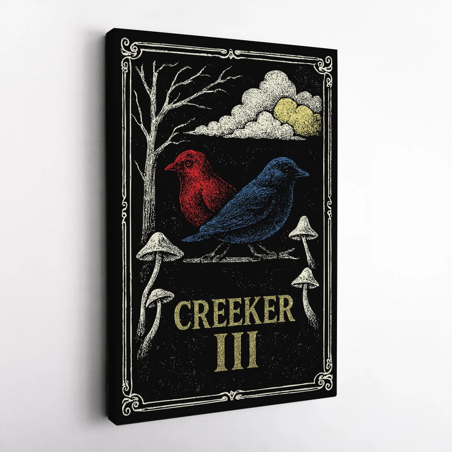 Creeker III Folk Art Canvas Print | Whimsical Red and Blue Bird Illustration | Gallery-Quality 1.25-inch Profile | Nature Lover Home Decor Gift