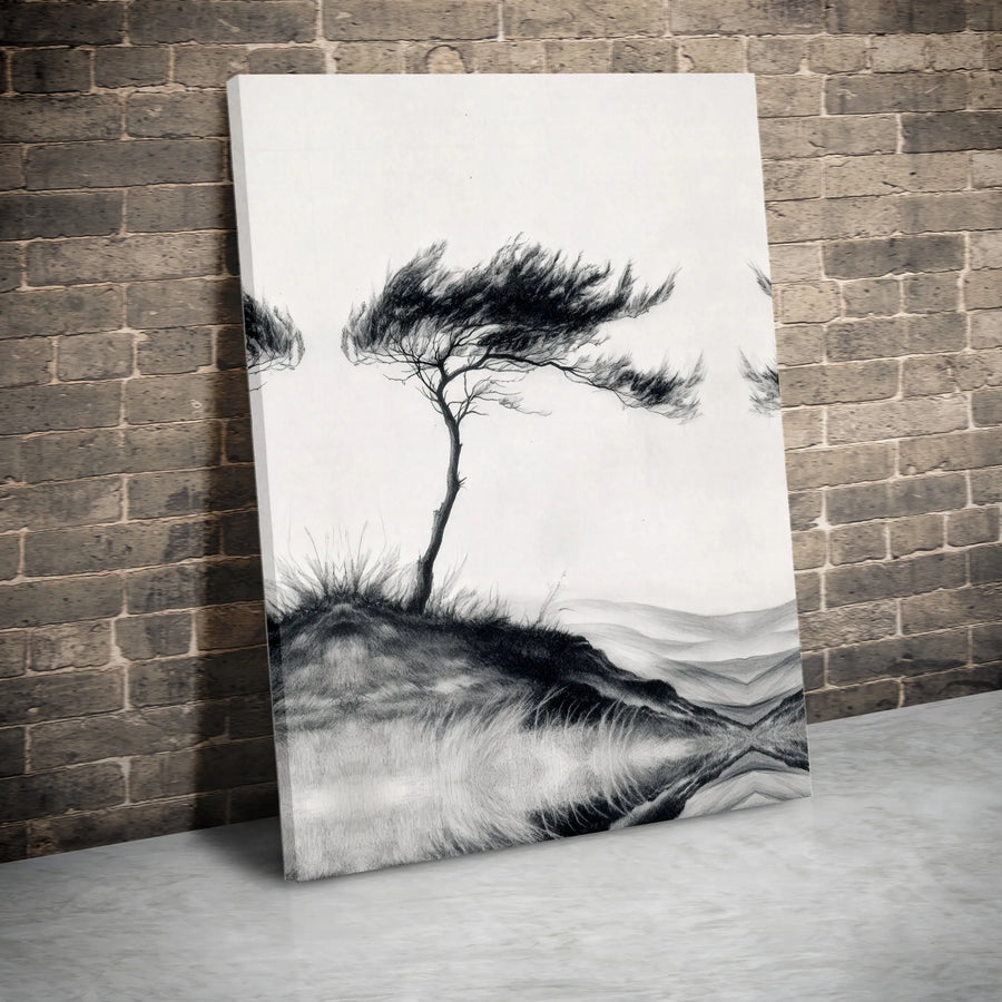Windswept Tree Canvas Wall Art | Minimalist Charcoal Tree Sketch | Premium Gallery Canvas | Black and White Nature Art Gift