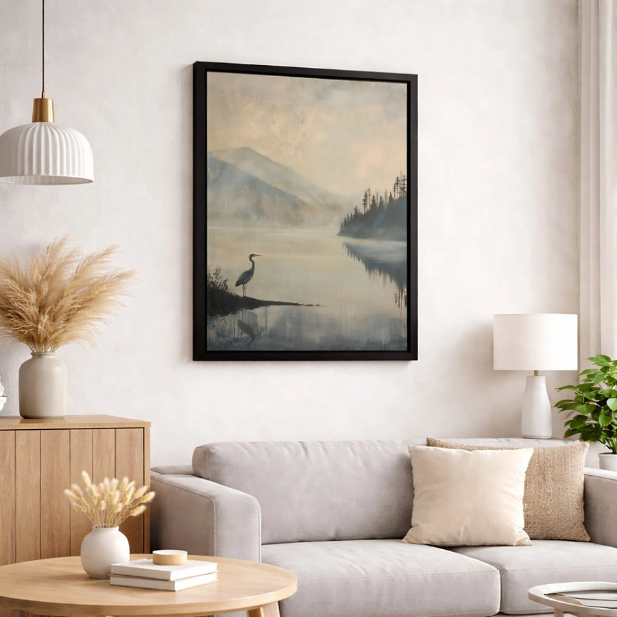 Heron Canvas Wall Art | Misty Mountain Lake Landscape | Premium Fade-Resistant Print | Serene Nature Decor for Living Room or Office