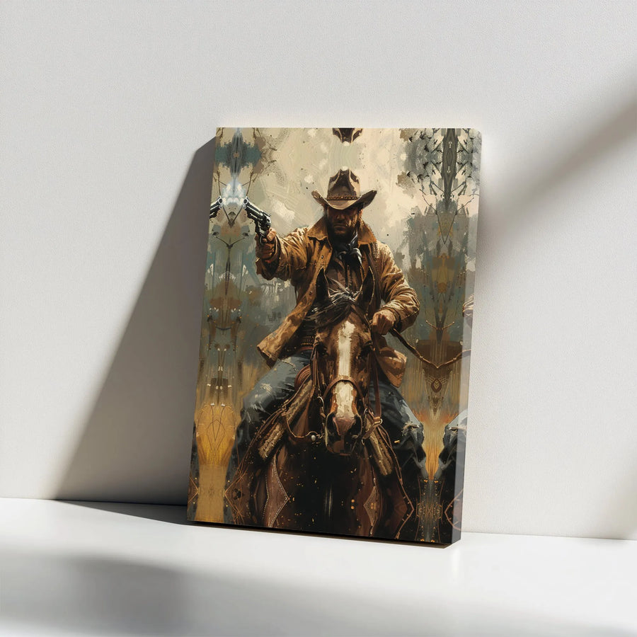 Western Cowboy Canvas Art | Gunslinger Riding Horse Poster | Rustic Gallery Wrap Print | Gift for Men Home Office Decor