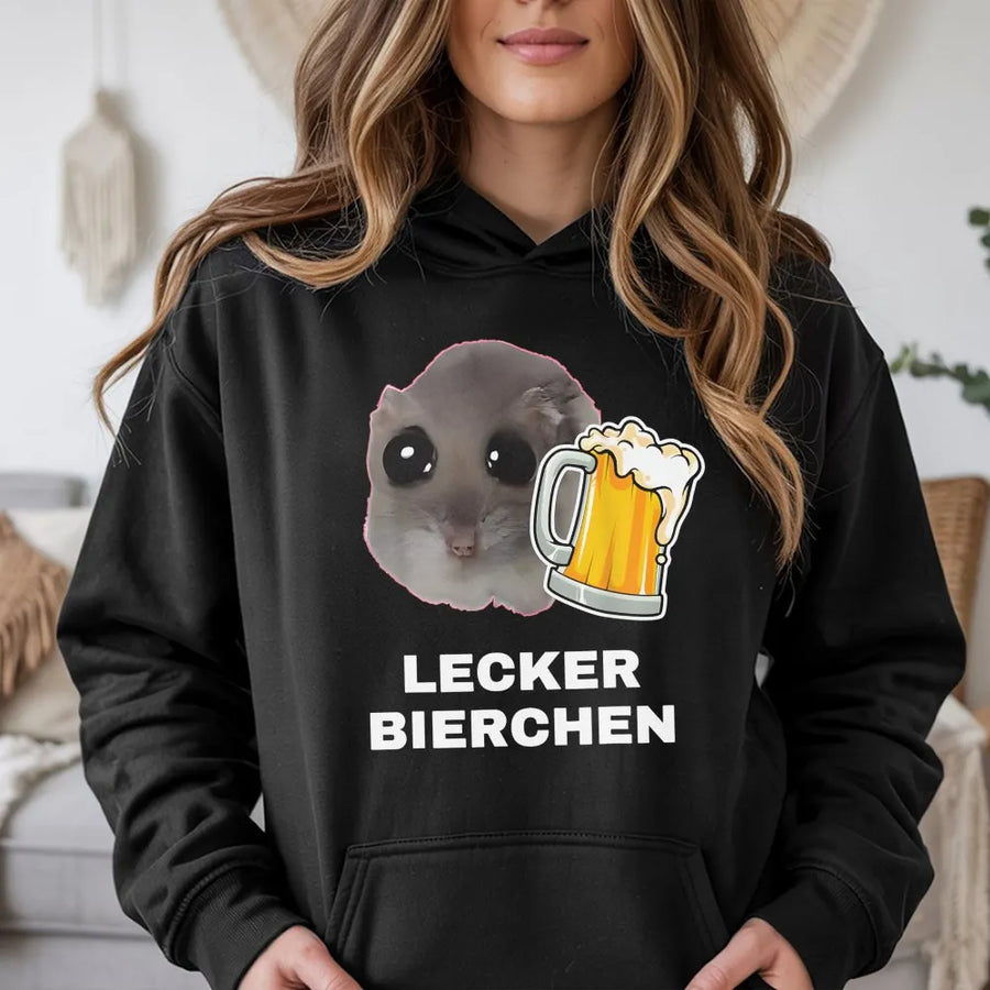 Lecker Bierchen Hoodie | Funny Hamster Drinking Beer Meme | Premium Soft Cotton Blend | Gift For Beer Lovers And Party Fans