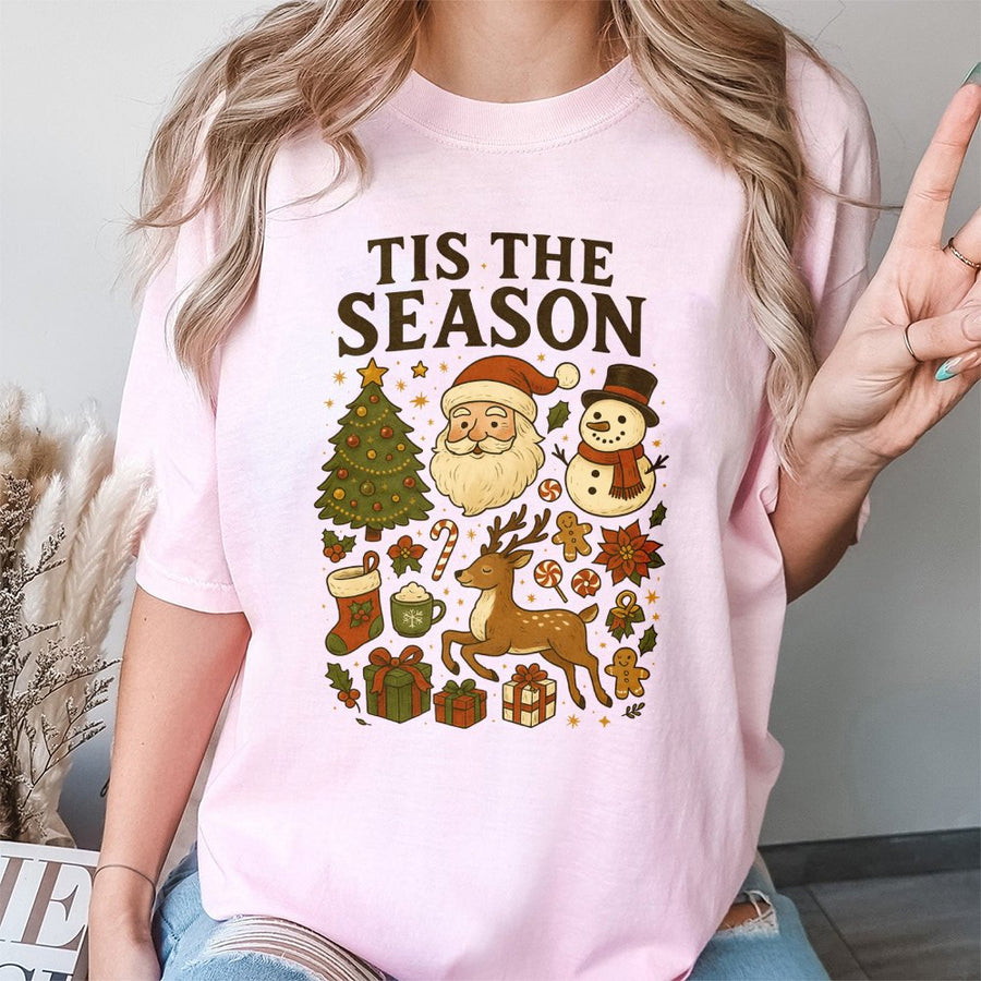 Tis The Season Christmas T-Shirt | Retro Santa and Snowman Graphic Print | 100% Cotton Soft Tee | Holiday Gift for Women and Men