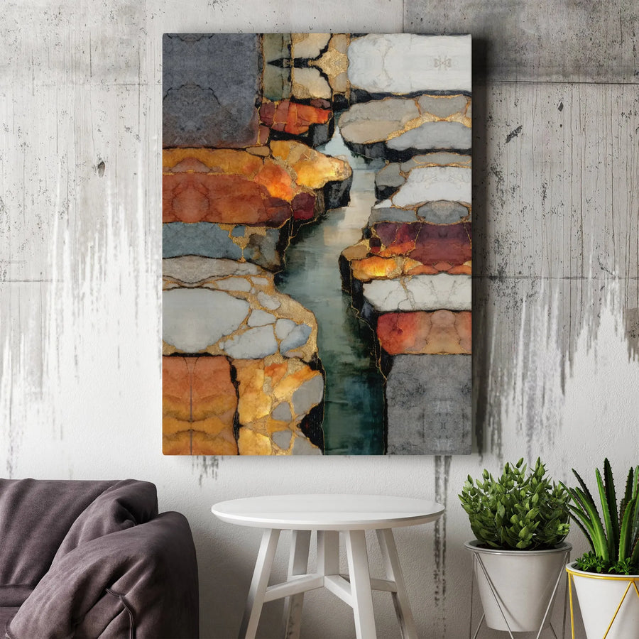 Abstract Earth Tone Canvas Print | Modern Kintsugi Style Gold Accent Art | Premium Gallery Wrapped Canvas | Contemporary Living Room Decor Gift